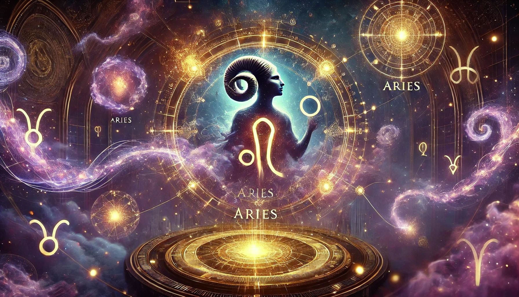A cosmic and mystical digital artwork featuring Aries as the central zodiac sign, illuminated by glowing constellations, swirling galaxies, and a futuristic holographic astrological chart. The Aries symbol is prominently displayed, representing courage, leadership, and fiery energy. The background blends deep purples, blues, and cosmic gold, enhancing the celestial and astrological theme. This Aries-themed horoscope image reflects the sign's dynamic spirit, ambition, and passion, aligning with its astrological influences.